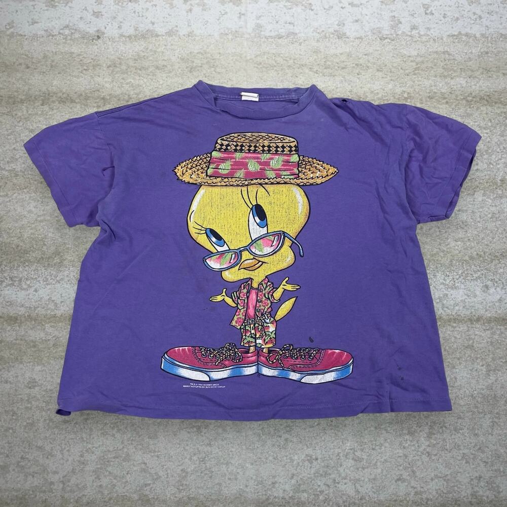 Vintage 90s Tweety Bird Shirt Mens M Purple Looney Tunes Cotton Short Sleeve